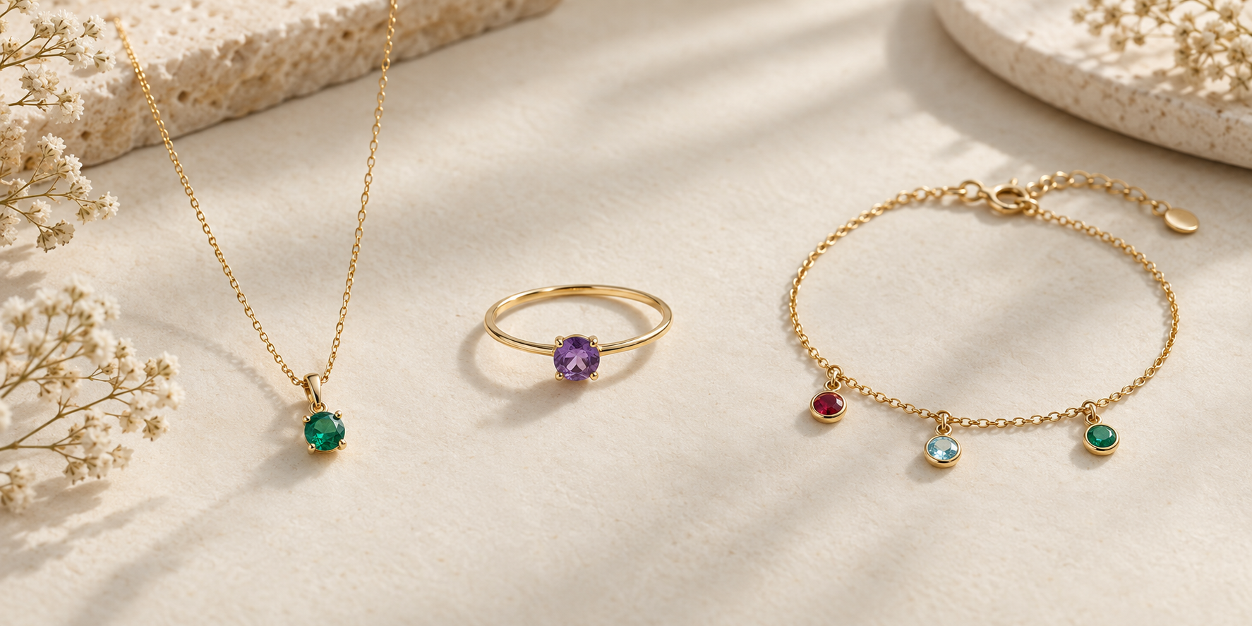 Illustratieve ketting met smaragd, ring met amethist en armband met robijn, aquamarijn en smaragd