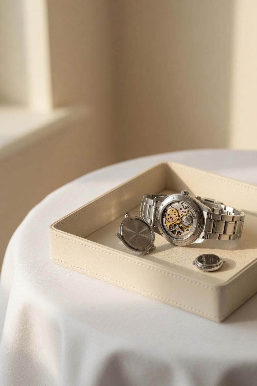 Geopend uurwerk met zichtbaar binnenwerk in het atelier